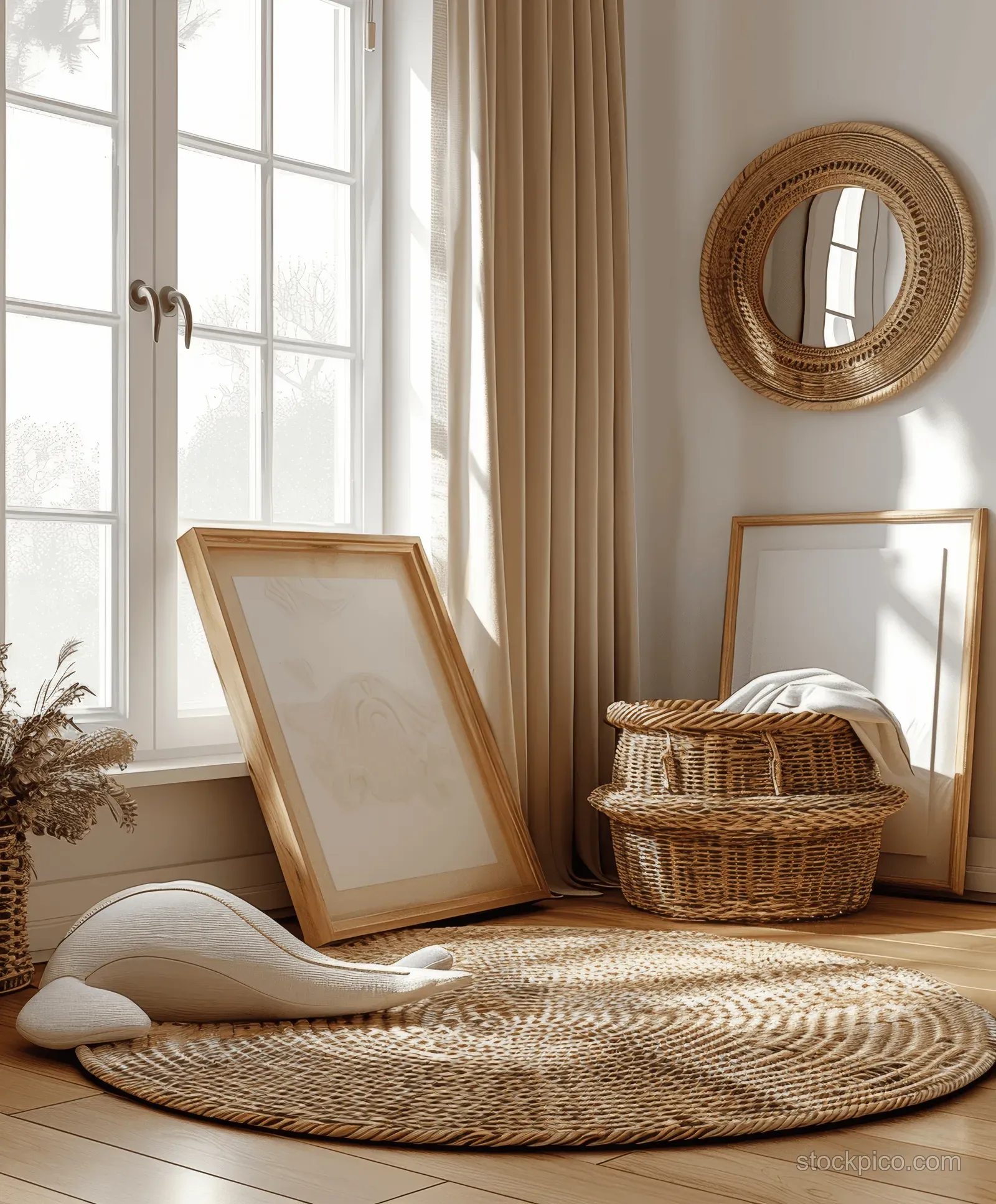 Natural wooden photo frame mockup leaning by a bright window over a woven rug in a bohemian kids room.