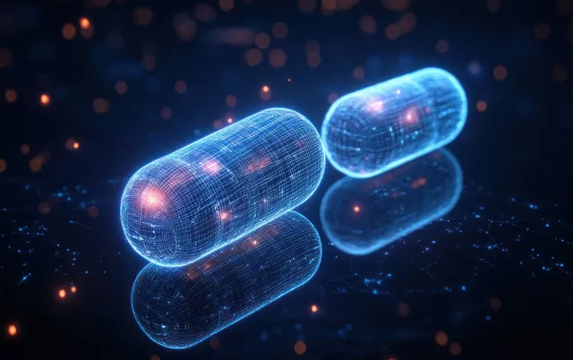 Two glowing blue biotech capsules float in a dark lab space with particles and light trails.