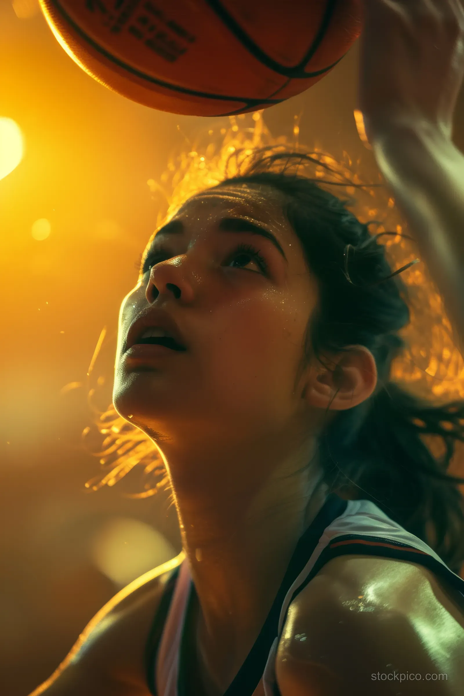 Women’s basketball player prepares to shoot under warm arena lights with blurred crowd in the background.