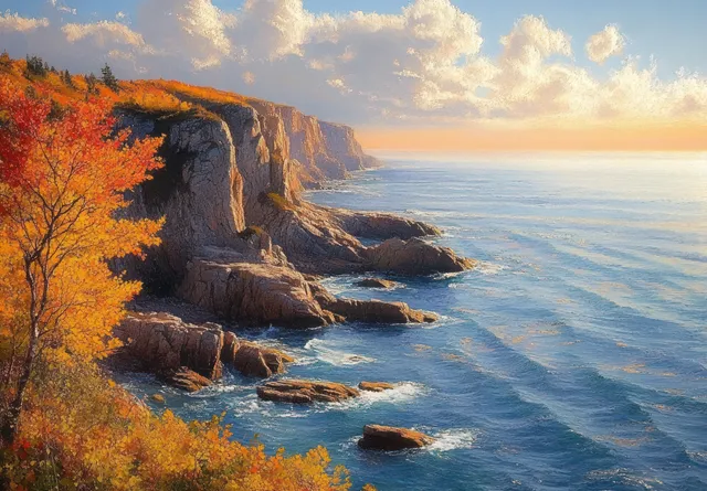 Rugged cliffs with orange autumn trees overlook calm ocean waves at sunset under scattered clouds.