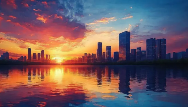Sunset skyline reflected on calm river water with glowing clouds and tall skyscrapers