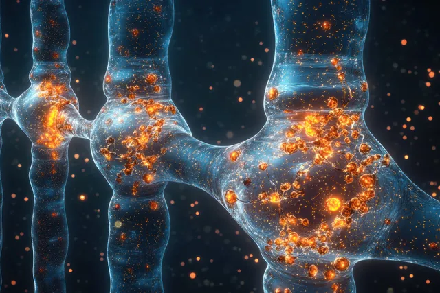 Glowing interconnected neural cells with orange activated synapses float on a dark background, suggesting neural signaling.