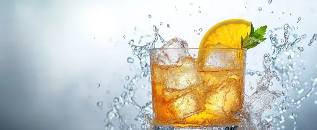 Vaso transparente con bebida helada de naranja, cubos de hielo y rodaja de limón, rodeado de gotas de agua salpicando hacia arriba.