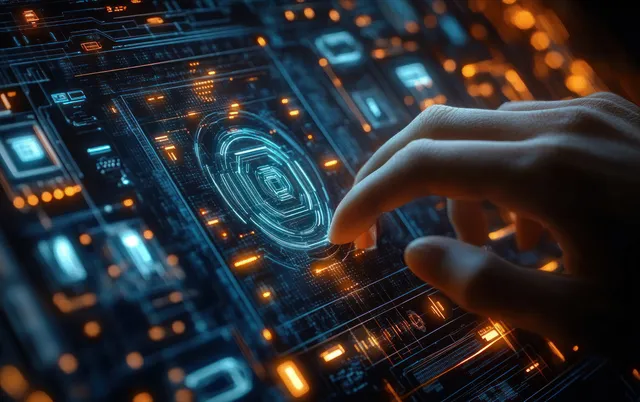 A hand reaches toward a futuristic touchscreen showing glowing blue and orange holographic data and circuit graphics.