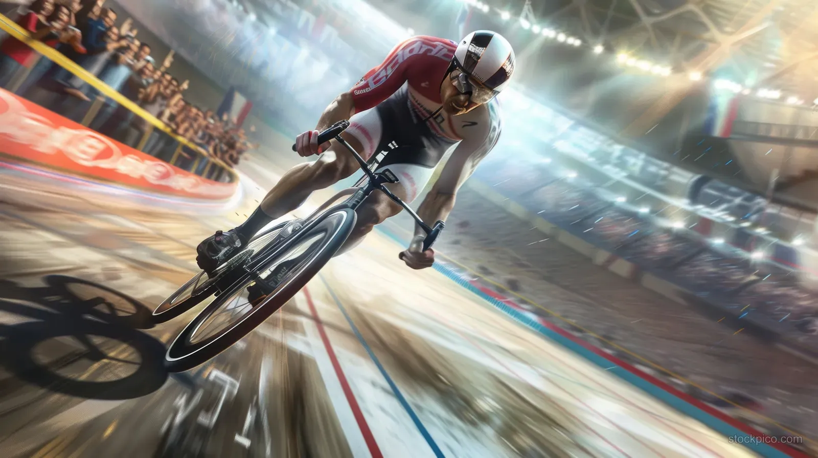 A British male cyclist rides fast on an indoor velodrome track, leaning into a curve with motion blur and spectators behind.