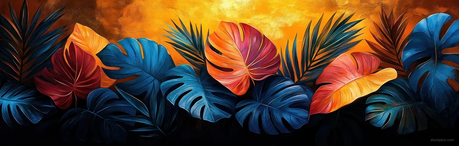 Overlapping watercolor tropical leaves with warm golden glow appear against a dark abstract background.