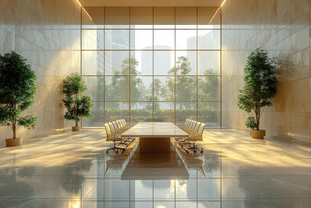 Sleek conference room with long table, bright sunlight, and skyline view through large windows