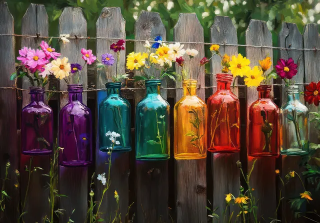 Colorful glass bottles of spring flowers sit against a rustic picket fence with sunlight and green foliage behind them.