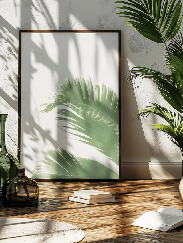 Black-framed A4 poster mockup on wooden table with palm leaves shadows and sunlight