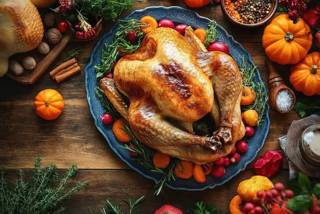 Golden roasted whole turkey on a blue platter surrounded by fresh herbs, autumn vegetables, and nuts on a rustic table.