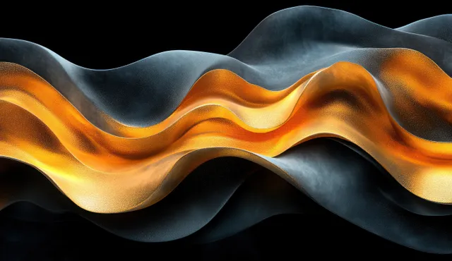 Gold and black abstract wave ribbon undulating in dark background with soft glow