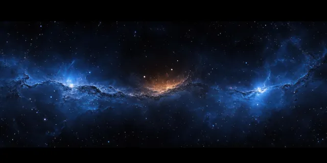 Blue nebula clouds and scattered stars form a wide deep-space panorama with glowing cosmic haze.