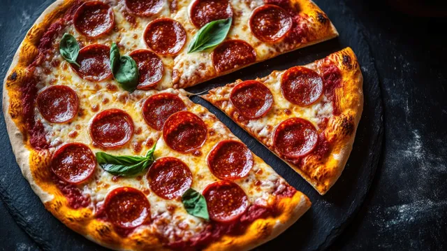 Pepperoni pizza slice being pulled away with melted cheese, tomato sauce, and basil on a dark stone background.