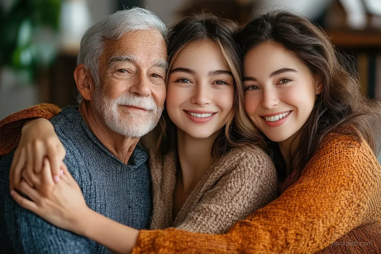 An elderly man smiles as two young women embrace him warmly on a cozy couch indoors.