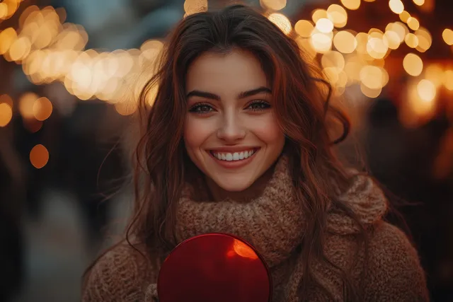 Smiling woman holding a red mirror and checking her reflection amid festive winter market lights.