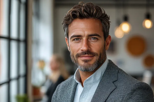 Confident mature businessman smiling toward camera in modern office with warm bokeh lights