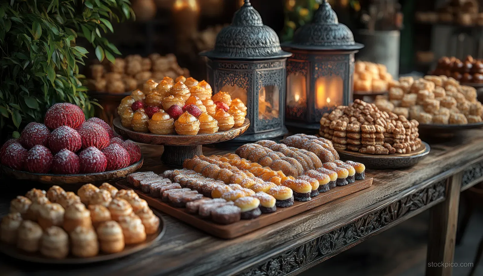 Lanterns glow beside trays of Arabic sweets and dates on a wooden table for Ramadan Eid.