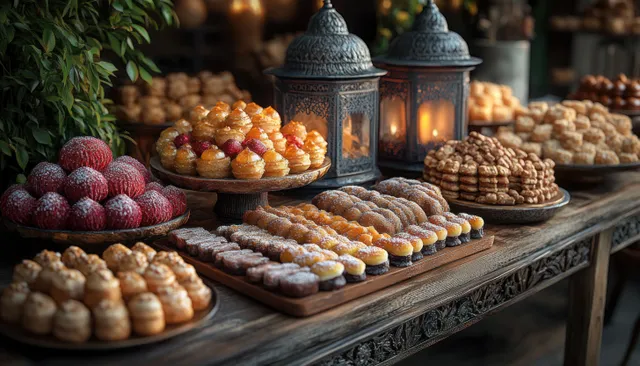Lanterns glow beside trays of Arabic sweets and dates on a wooden table for Ramadan Eid.