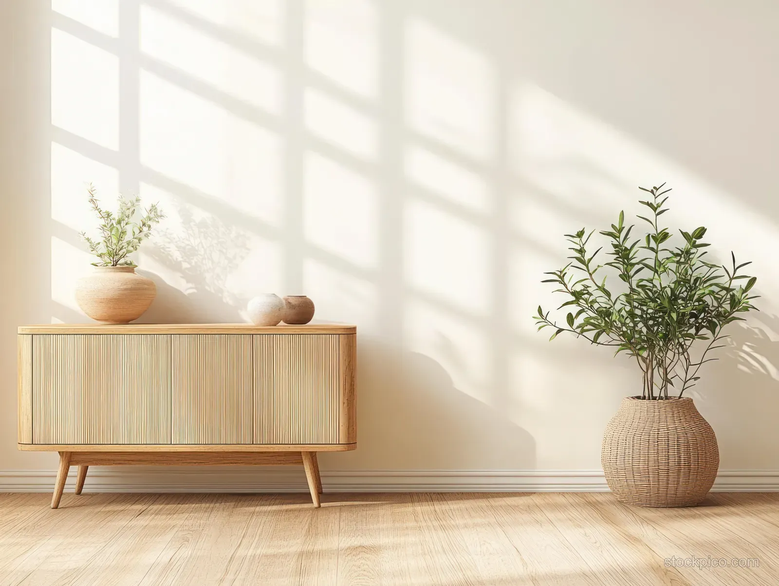 Sunlit minimalist living room with a light wooden cabinet and two potted green plants against a shadowed wall.