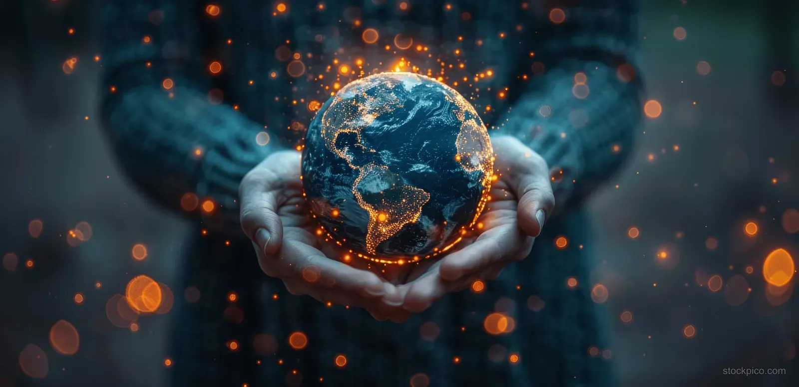 Hands hold a glowing blue Earth hologram amid floating data lights on a dark cyber background.