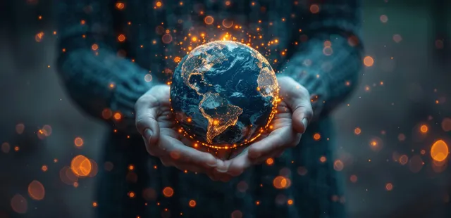 Hands cradling a glowing blue Earth hologram over dark cyber network lights
