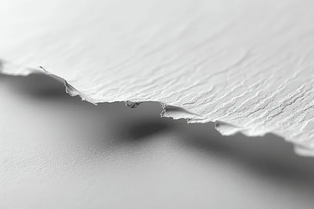 Close-up of torn white craft paper with visible fibers, soft shadowing, and blank copy space.