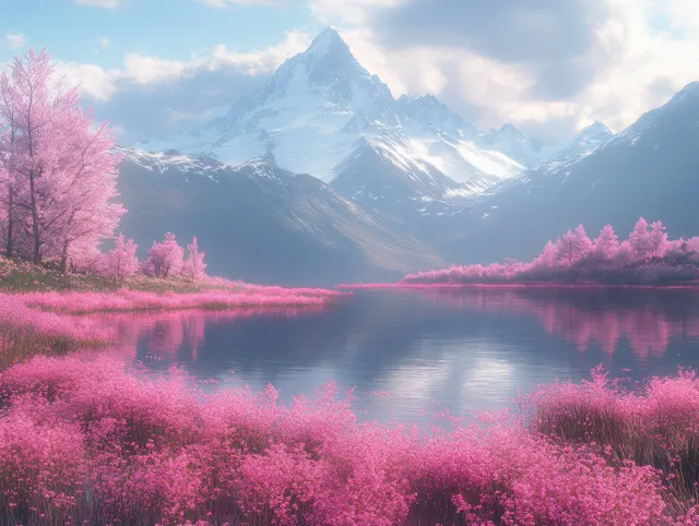 Pink flower fields reflect snowy mountain beside a calm alpine lake