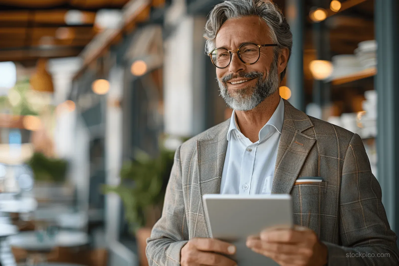 Smiling businessman in a suit holding a digital tablet while standing in a modern office corridor with blurred desks.