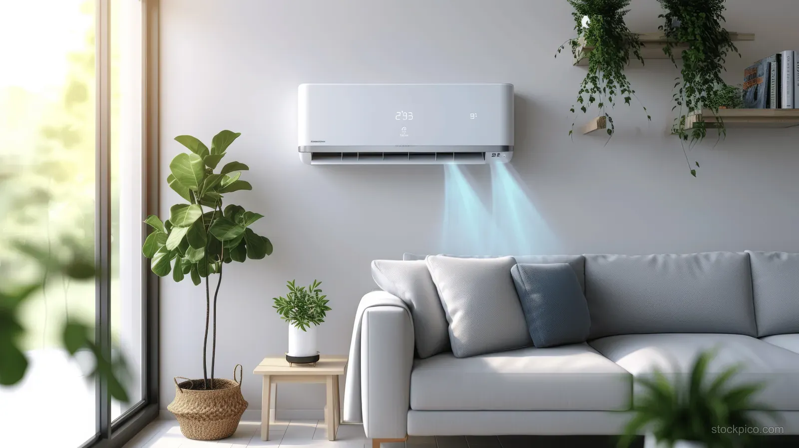A wall-mounted air conditioner blows visible cool air in a bright living room with a gray sofa and potted plants.