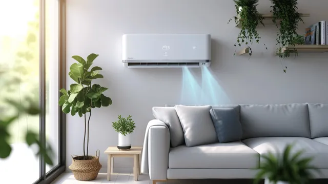 A wall-mounted air conditioner blows visible cool air in a bright living room with a gray sofa and potted plants.
