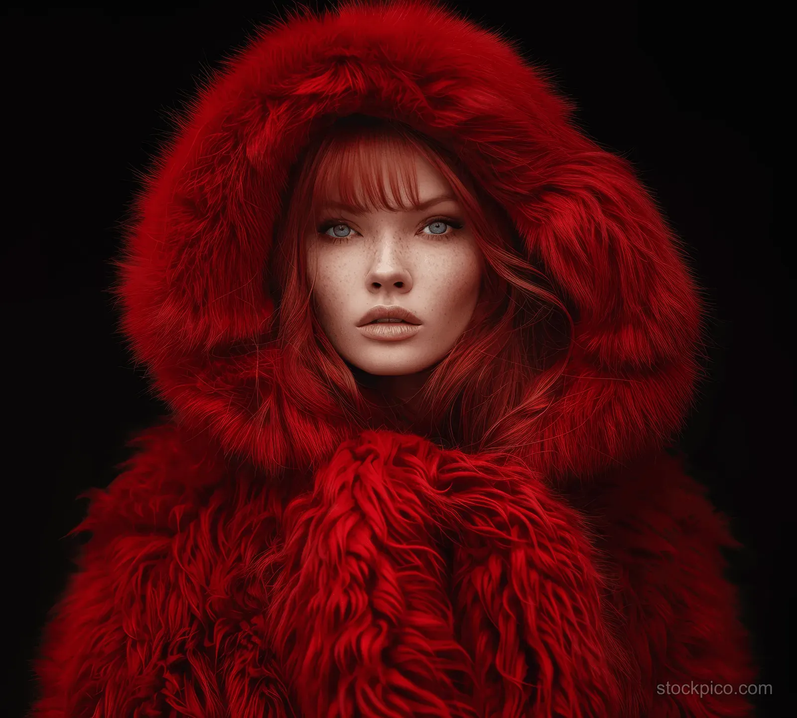 Red-haired woman in a red fur hooded coat looks straight ahead against a dark background.