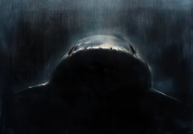 A large shark silhouette swims underwater as dim light reflects on its back.