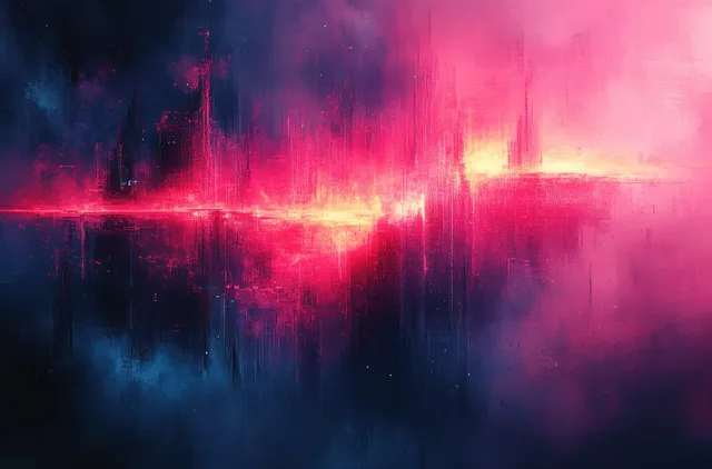 失真的霓虹 RGB 信号与像素噪点条纹划过深色抽象数字背景。