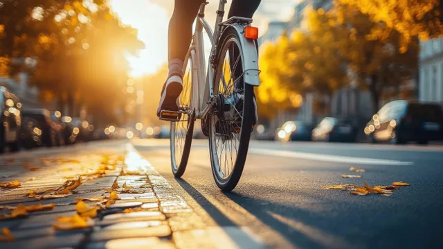 Electric bicycle rider commuting along a city bike lane at golden hour, autumn leaves
