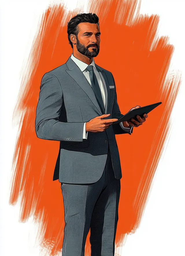 A bearded man in a gray suit holds a tablet standing in front of an orange and white paint-splashed background.