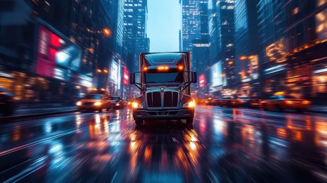 Semi-truck rushes through rainy downtown at night, headlights glowing, lights reflecting on wet asphalt