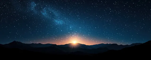 A bright star shines over dark winter mountain silhouettes under a starry night sky.