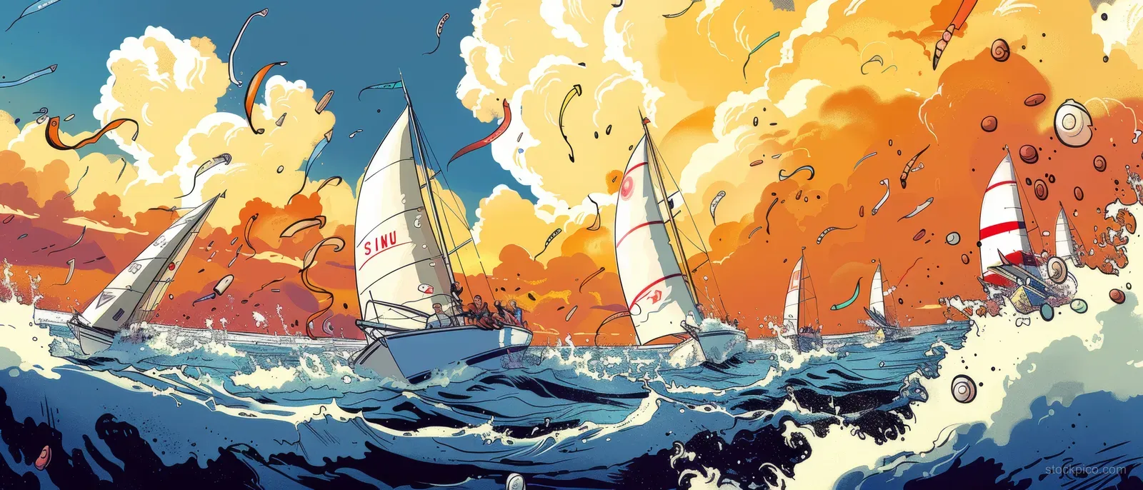 Cartoon sunfish sailboats race through rough ocean waves with exaggerated splashes and wind-driven sails.