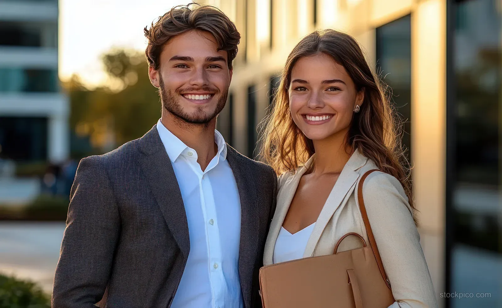 A smiling young man and woman stand outdoors in business attire with office buildings behind them.