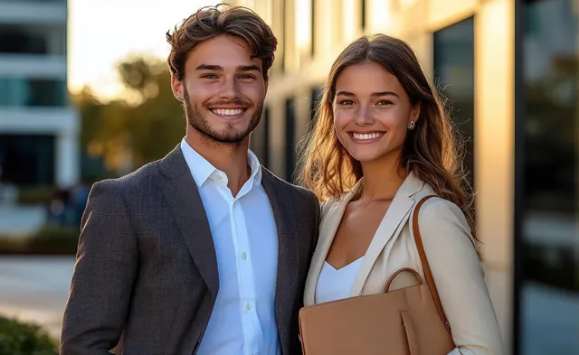 Smiling young professionals outdoors with modern office buildings behind them