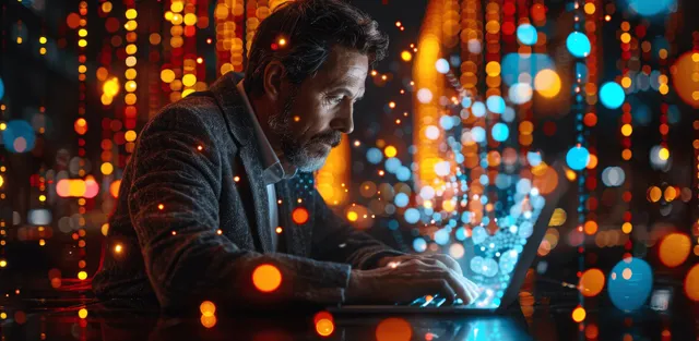 A technician works on a laptop and phone with glowing network data streams in the background.
