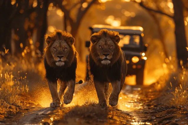 Two lions walk on safari road at sunset as a jeep follows in South Africa savanna with Golden Hour Landscape