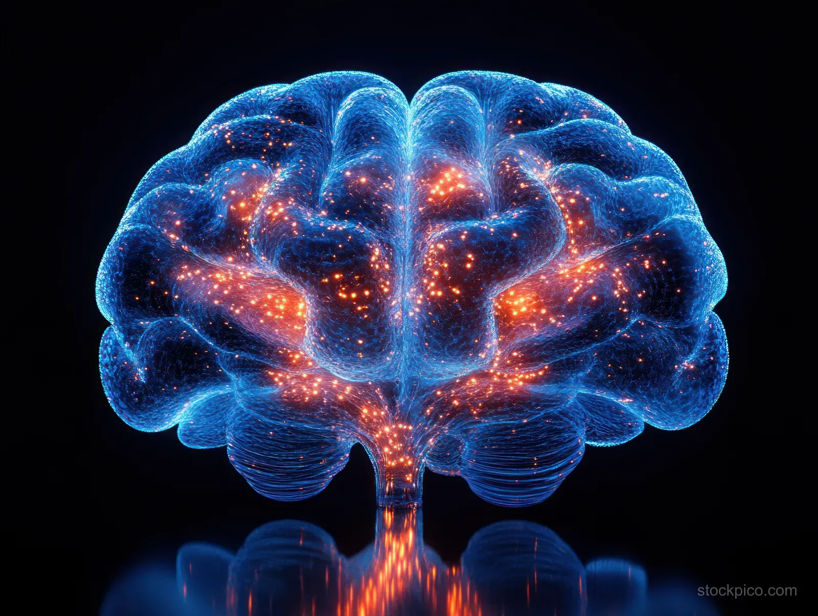 A bioluminescent 3D brain model with glowing MRI-style internal structures reflected on a dark background.