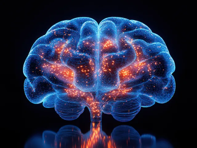 A bioluminescent 3D brain model with glowing MRI-style internal structures reflected on a dark background.
