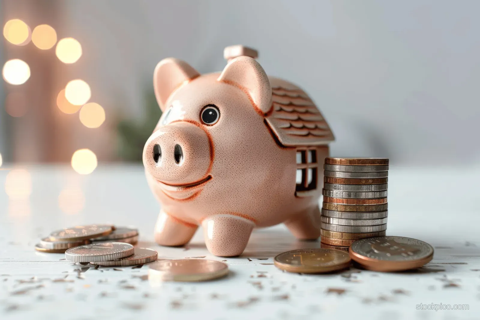 A piggy bank with a roof rests on coins, symbolizing home savings and finance planning.