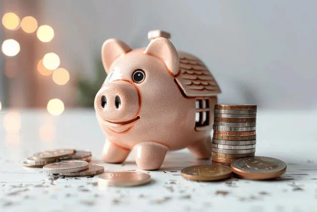 A piggy bank with a roof rests on coins, symbolizing home savings and finance planning.
