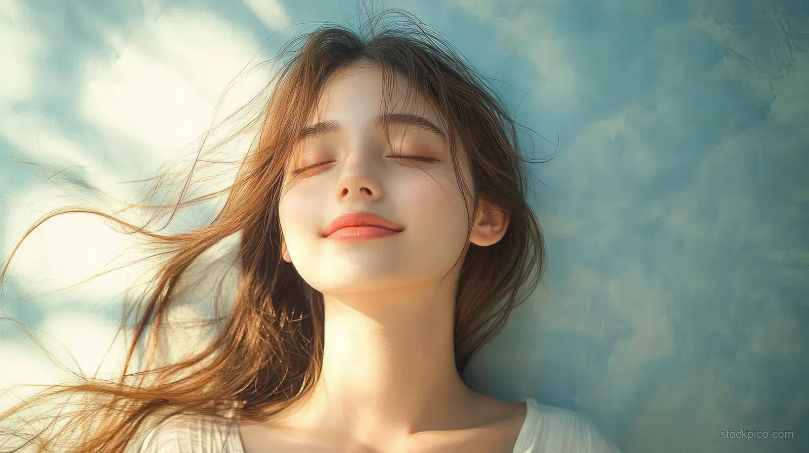 Asian woman with long flowing hair closes her eyes in soft sunlit outdoor portrait with sky-like backdrop.