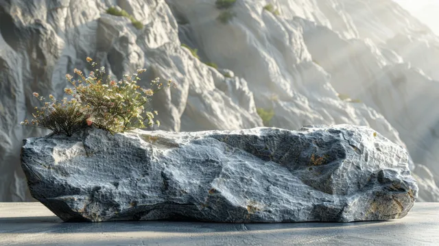 Gray rock podium on sunlit stone backdrop with copy space
