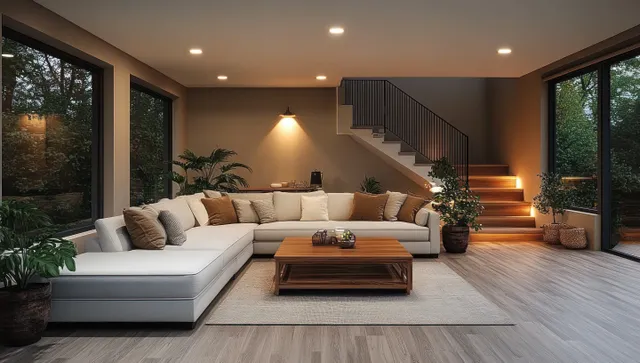 Renovated modern living room showing a white sectional sofa, coffee table, plants, and warm ambient lights near stairs.
