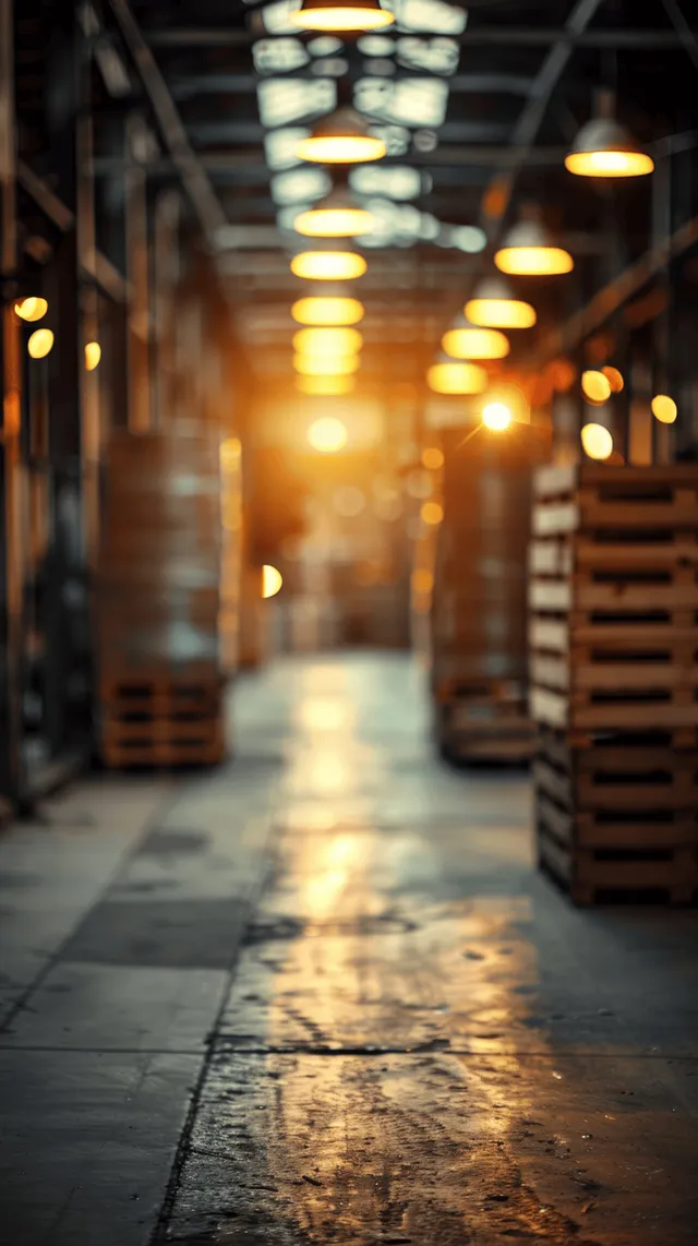 Forklift warehouse aisle with stacked pallets and cardboard boxes under warm cinematic lights with Palletized Cargo